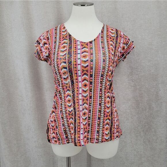 Sequin Mesh Vneck Top Shirt Colorful Pink Orange White Aztec Geometric - Picture 1 of 11
